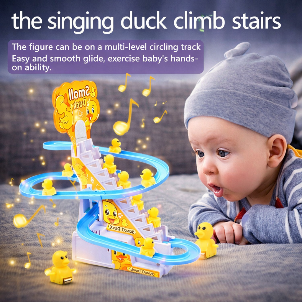 Singing Duck Climb Stairs Toy – Musical Rolling Duck Track with Lights & Sound