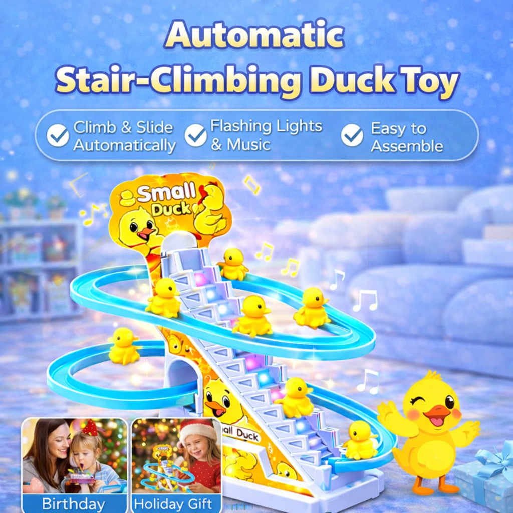 Singing Duck Climb Stairs Toy – Musical Rolling Duck Track with Lights & Sound