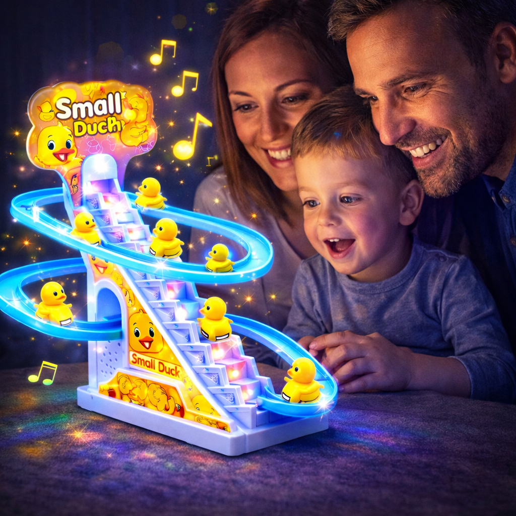Singing Duck Climb Stairs Toy – Musical Rolling Duck Track with Lights & Sound