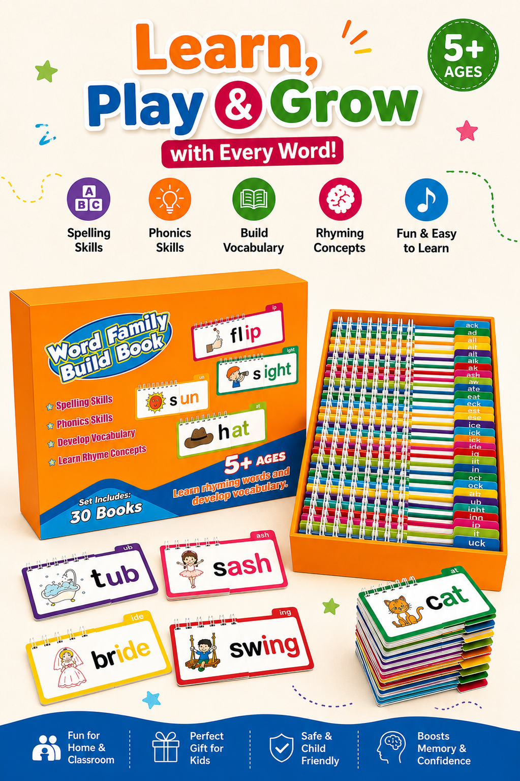 English Word Family Build Book – 30 Flip Books for Phonics & Vocabulary